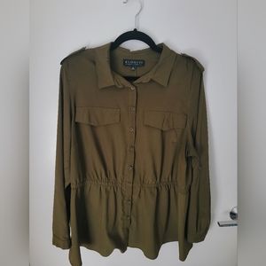 Eloquii Size 16 Army Green Collared Button-Up Peplum Top